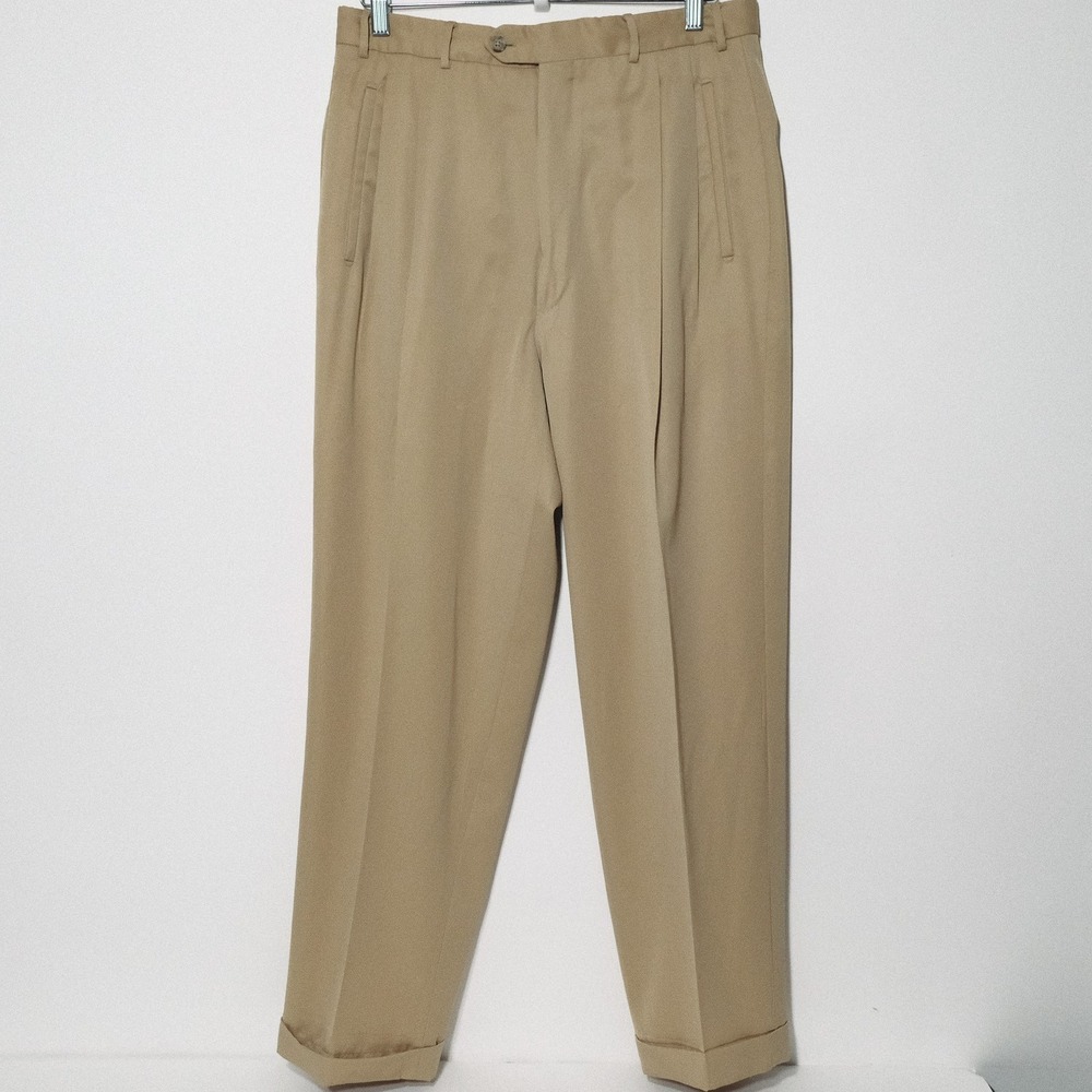 Corneliani Mens Tan Wool Pleated Cuffed Dress Pants Made in Italy W34 Flaw
